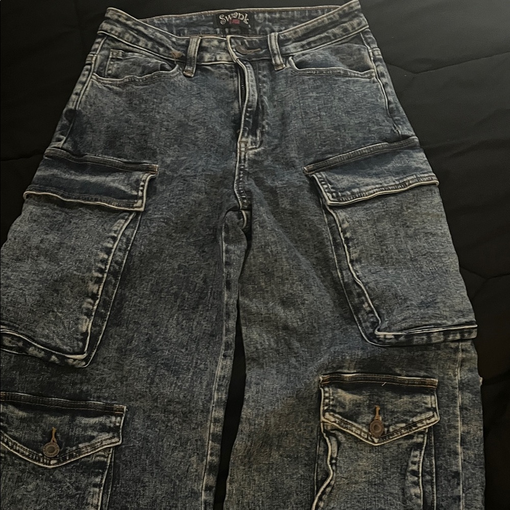 Acid Wash Cargo Jeans - Stone Blue